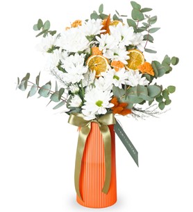 Turuncu Vazoda  Beyaz Papatya Aranjmanı